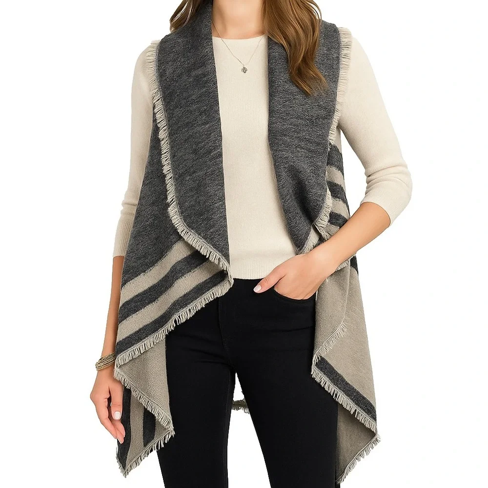 Accessory St Womens One Size‎ Gray Striped Fringe Open Front Cardigan Vest